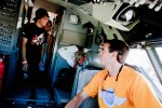 A Southwest pilot greets visitors to the flightdeck.